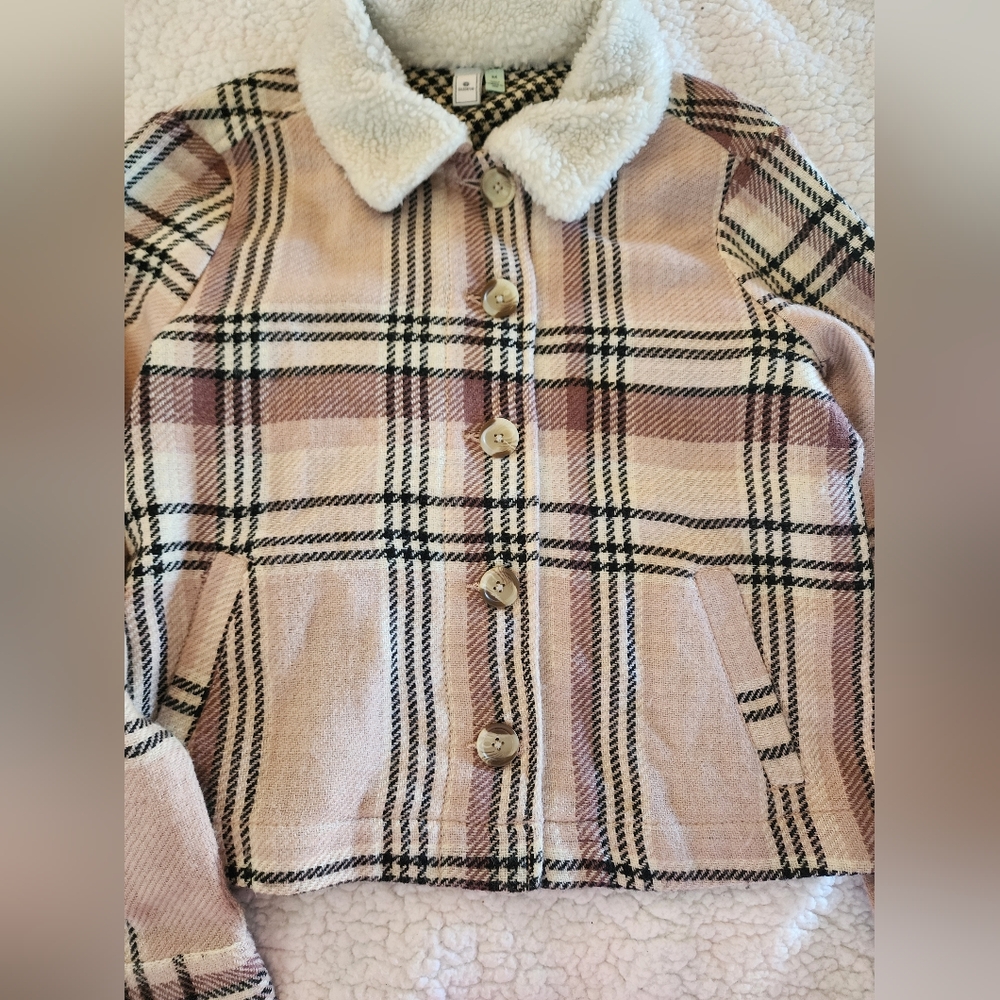 Plaid flannel look jacket, faux shearling